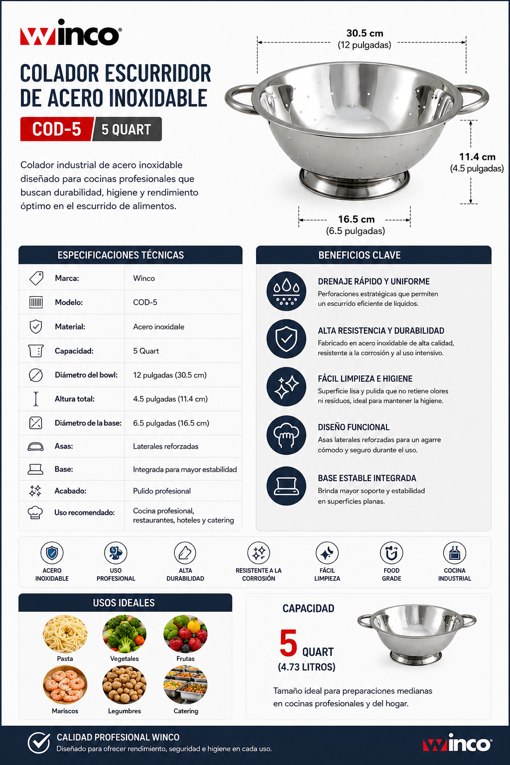 WINCO - Colador Escurridor de Acero Inoxidable 5 Qt con Asas Laterales / COD-5