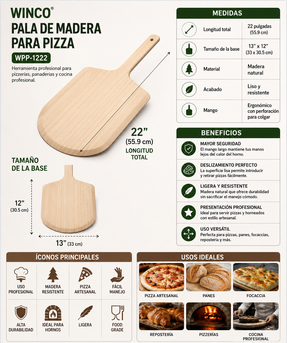 WINCO - Pala de Madera para Pizza 22