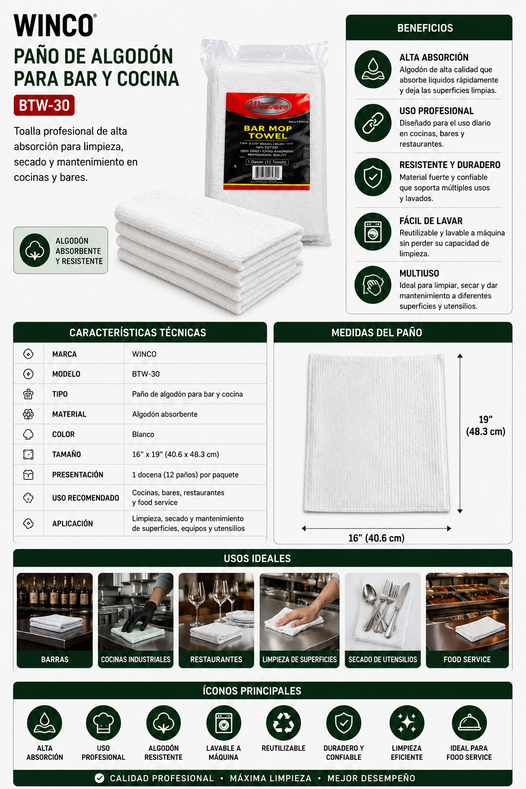 WINCO - Paño de Algodón Blanco para Bar y Cocina 16