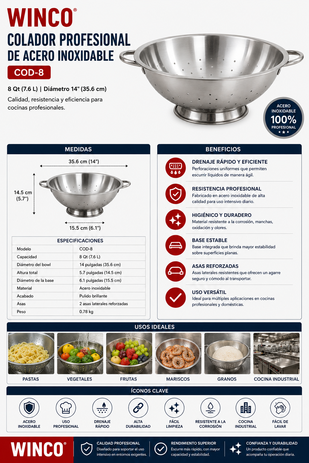 WINCO - Colador Profesional de Acero Inoxidable 8 Qt con Diámetro de 14