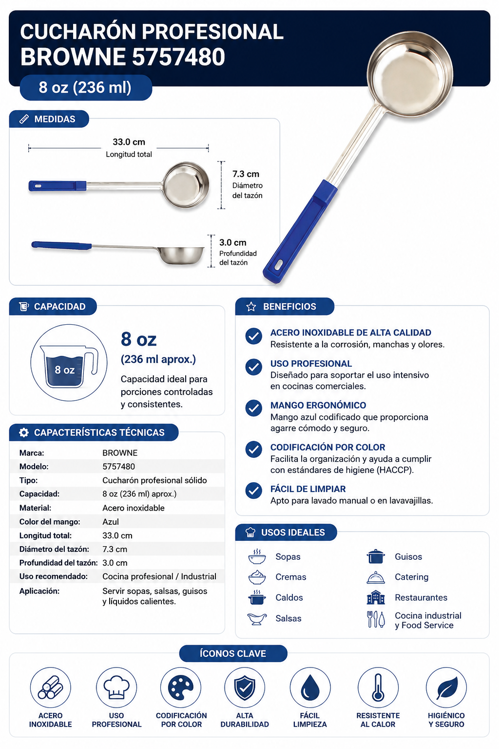 BROWNE - Cucharón Medidor Profesional 8 oz (236 ml) Azul Codificado | 5757480