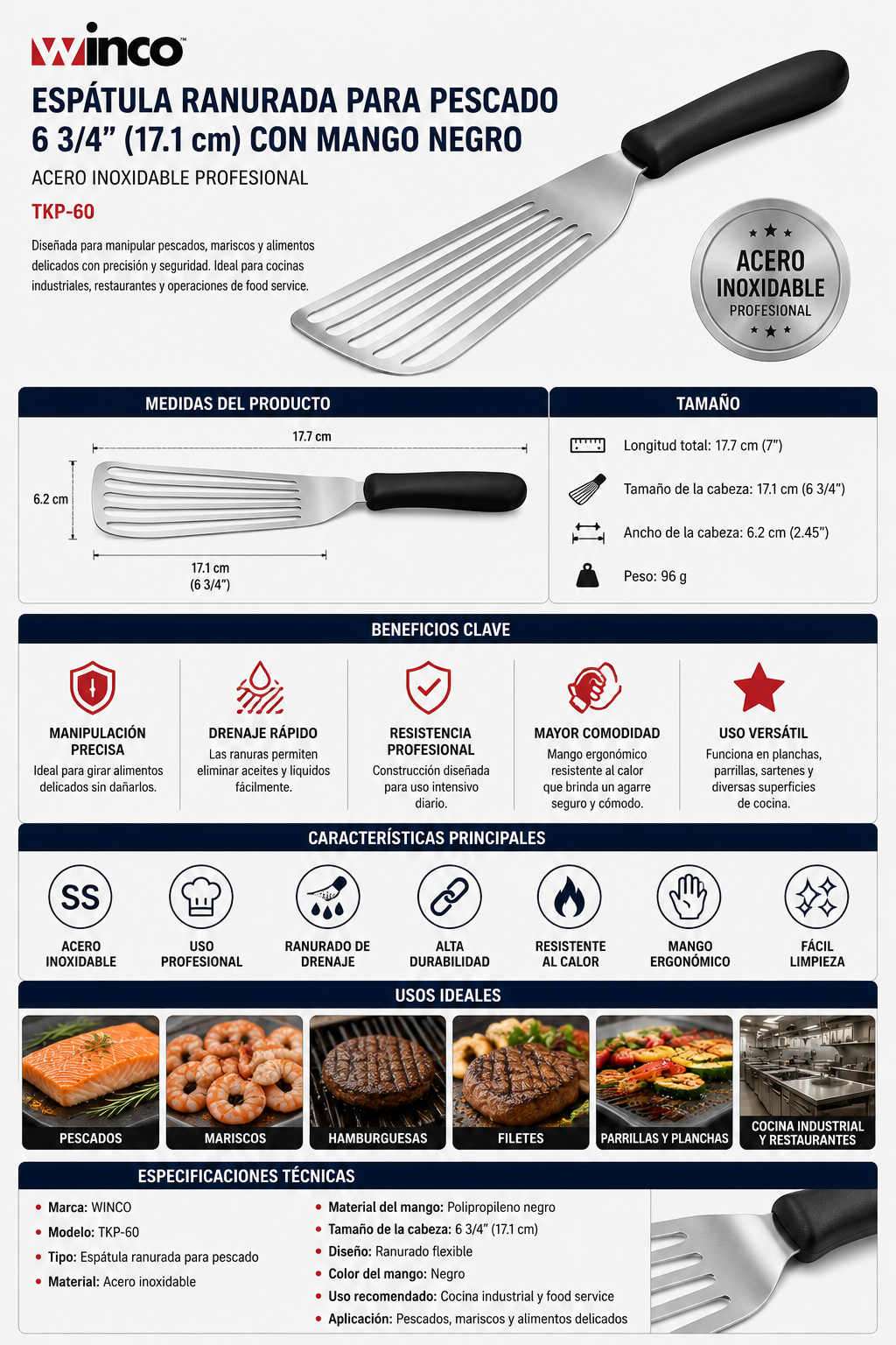 WINCO - Espátula Ranurada para Pescado 6 3/4