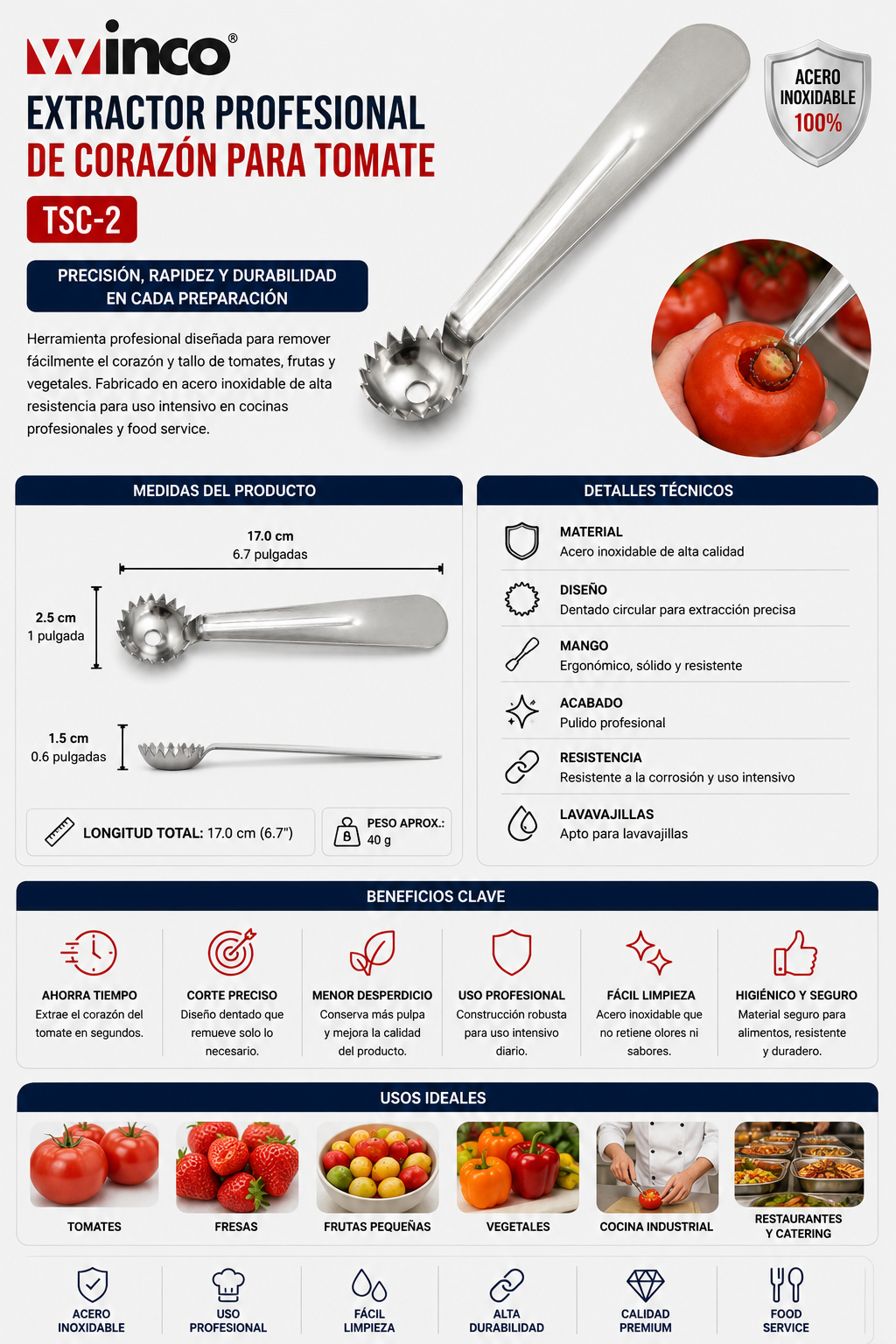 WINCO - Extractor Profesional de Corazón para Tomate en Acero Inoxidable | TSC-2