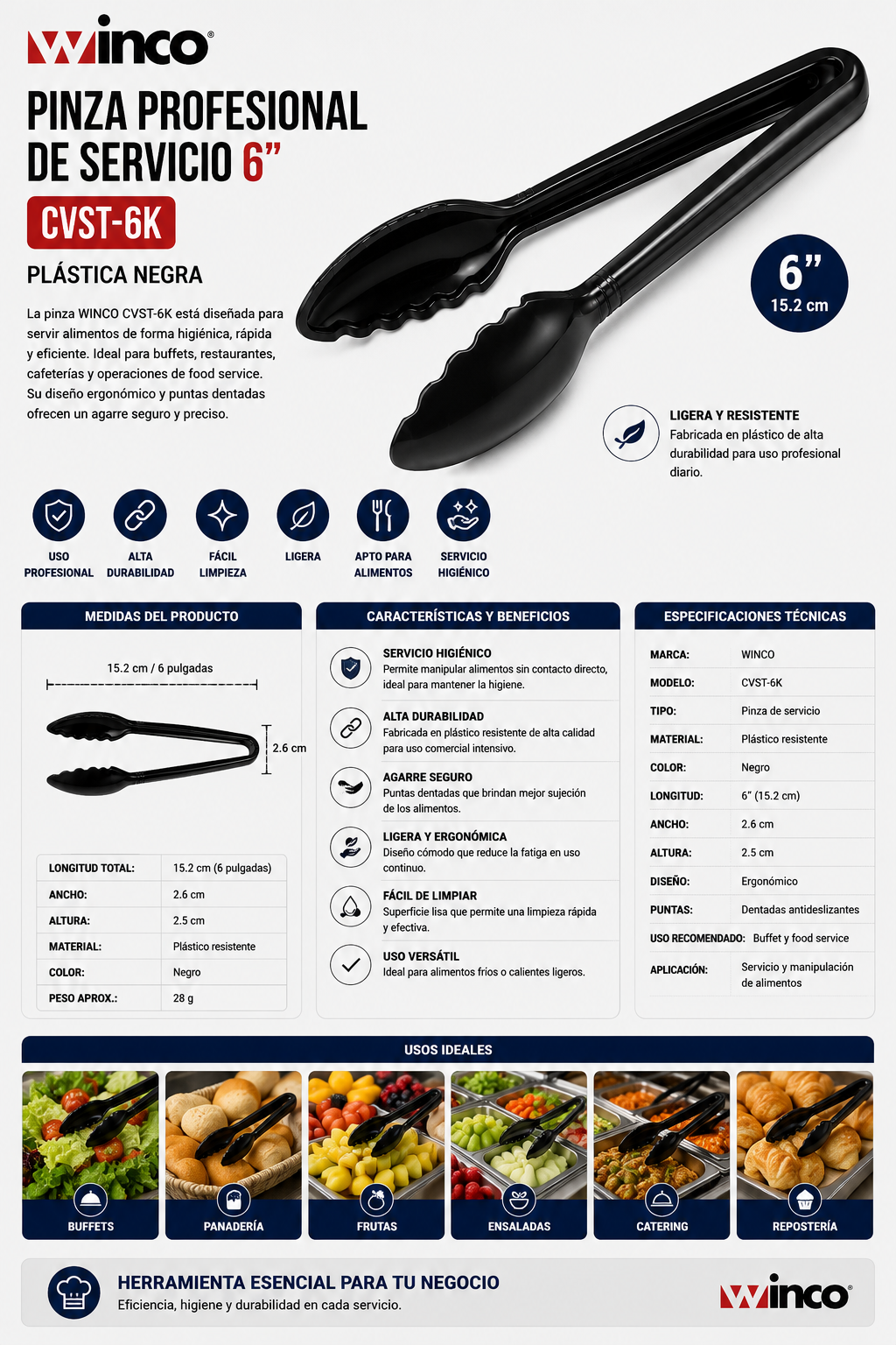 WINCO - Pinza Profesional de Servicio Plástica Negra 6