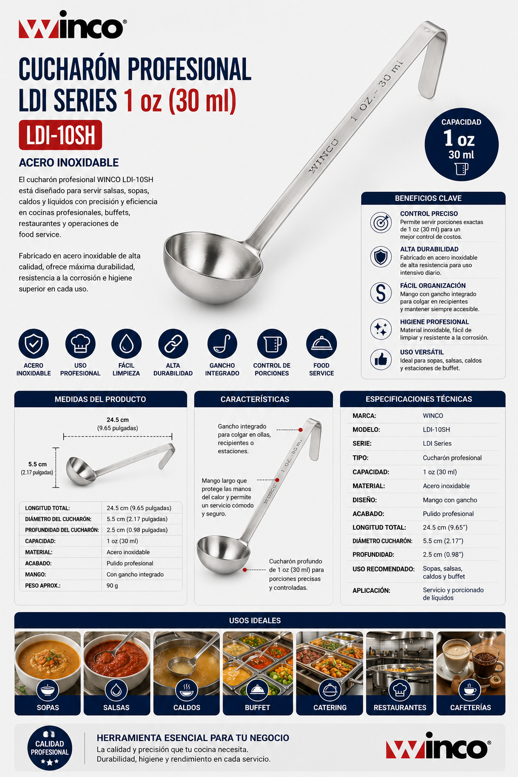 WINCO - Cucharón Profesional LDI Series 1 oz (30 ml) en Acero Inoxidable | LDI-10SH