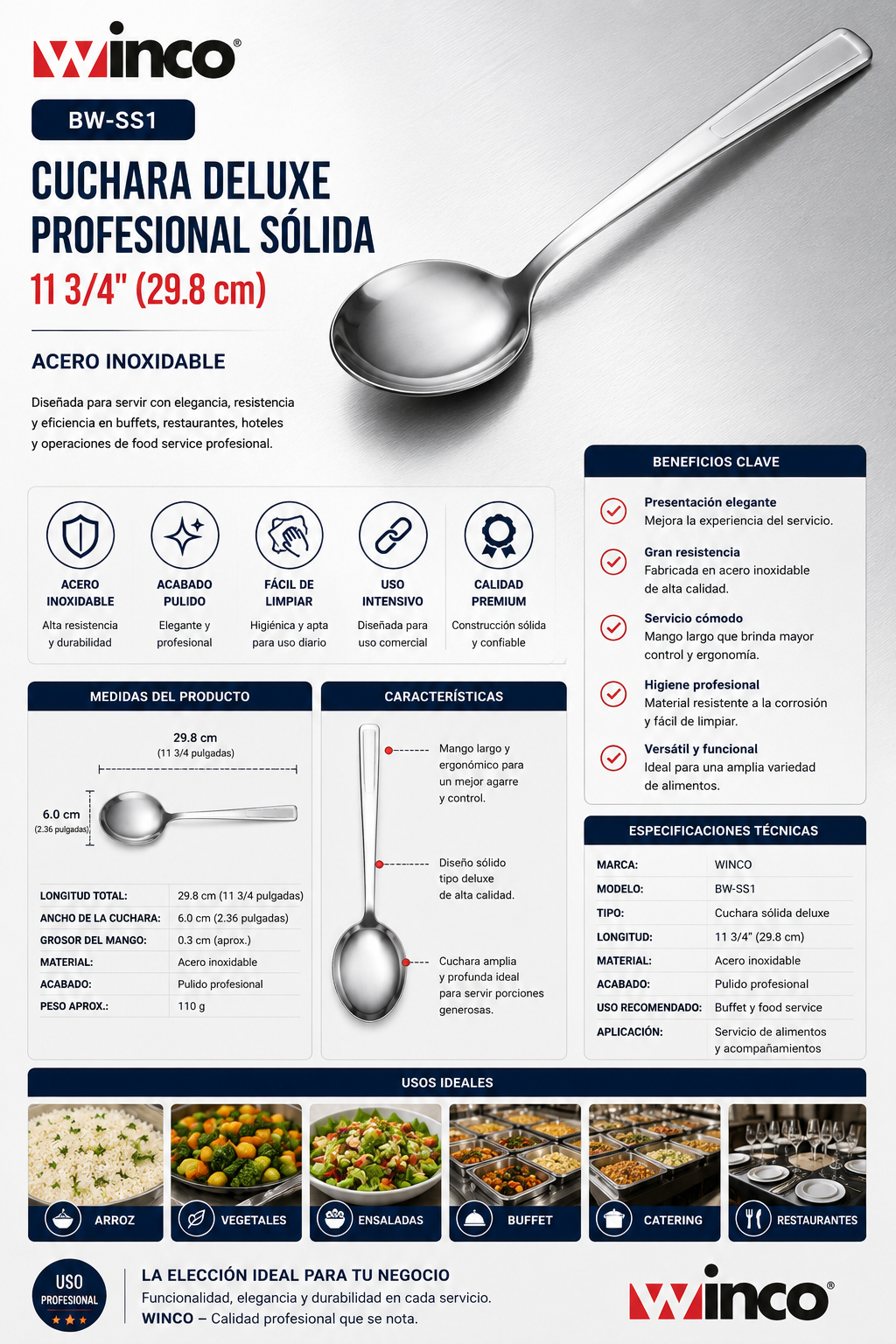 WINCO - Cuchara Deluxe Profesional Sólida 11 3/4