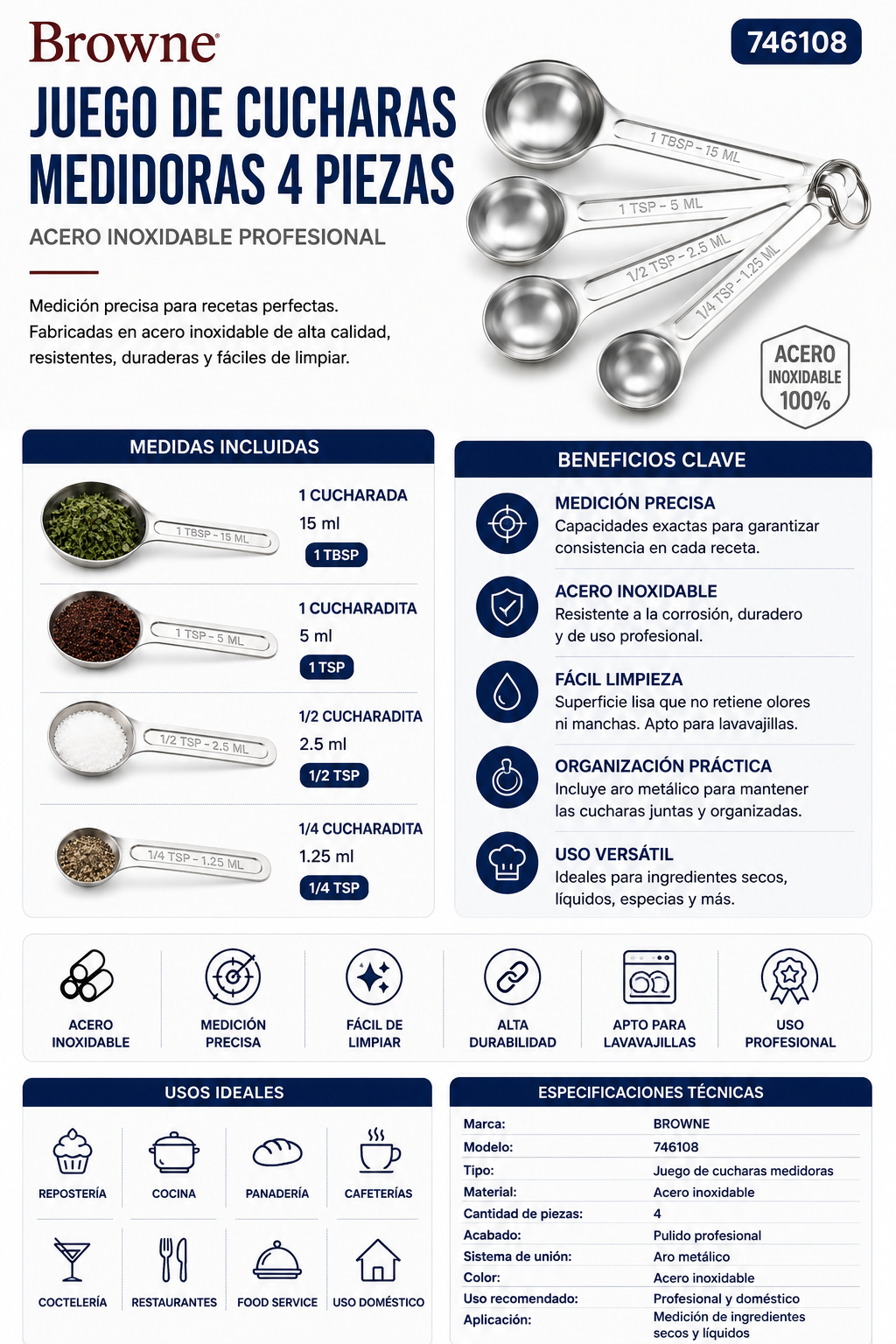 BROWNE - Juego Profesional de Cucharas Medidoras de Acero Inoxidable 4 Piezas | 746108