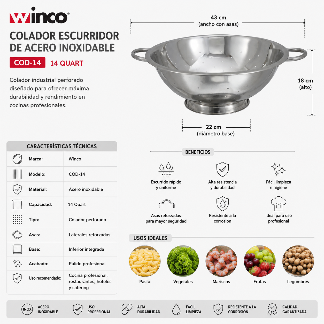 WINCO - Colador Escurridor de Acero Inoxidable 14 Qt con Base y Asas Laterales - 42 CM / COD-14