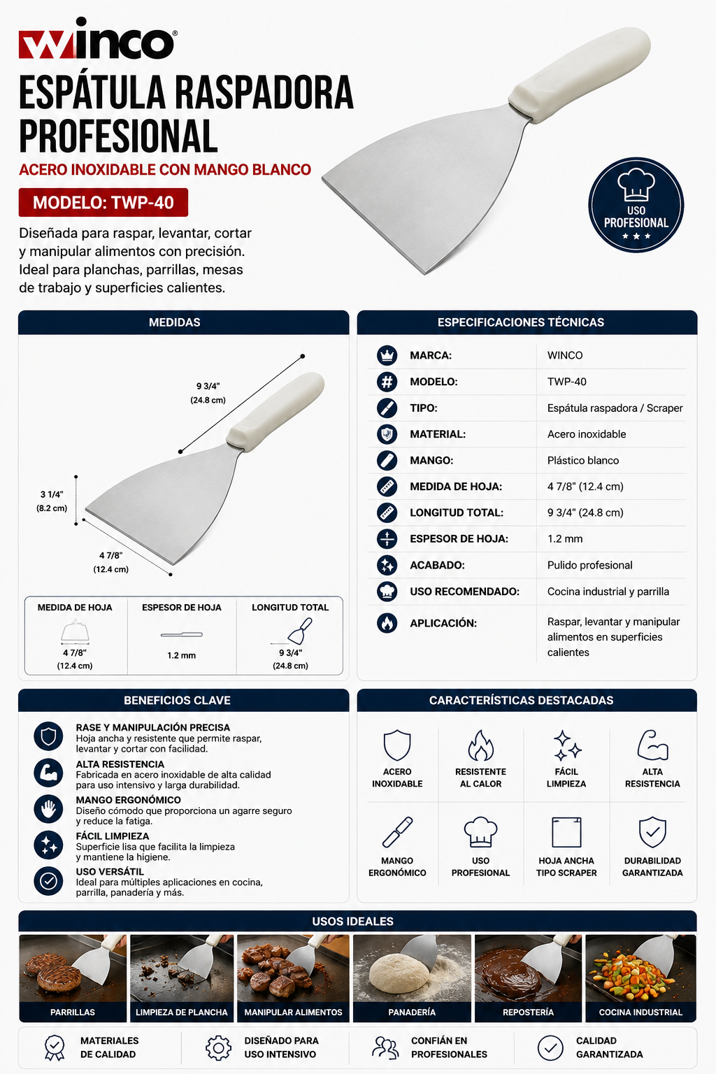 WINCO - Rasqueta y Espátula de Cocina - 12.38 cm (4 7/8