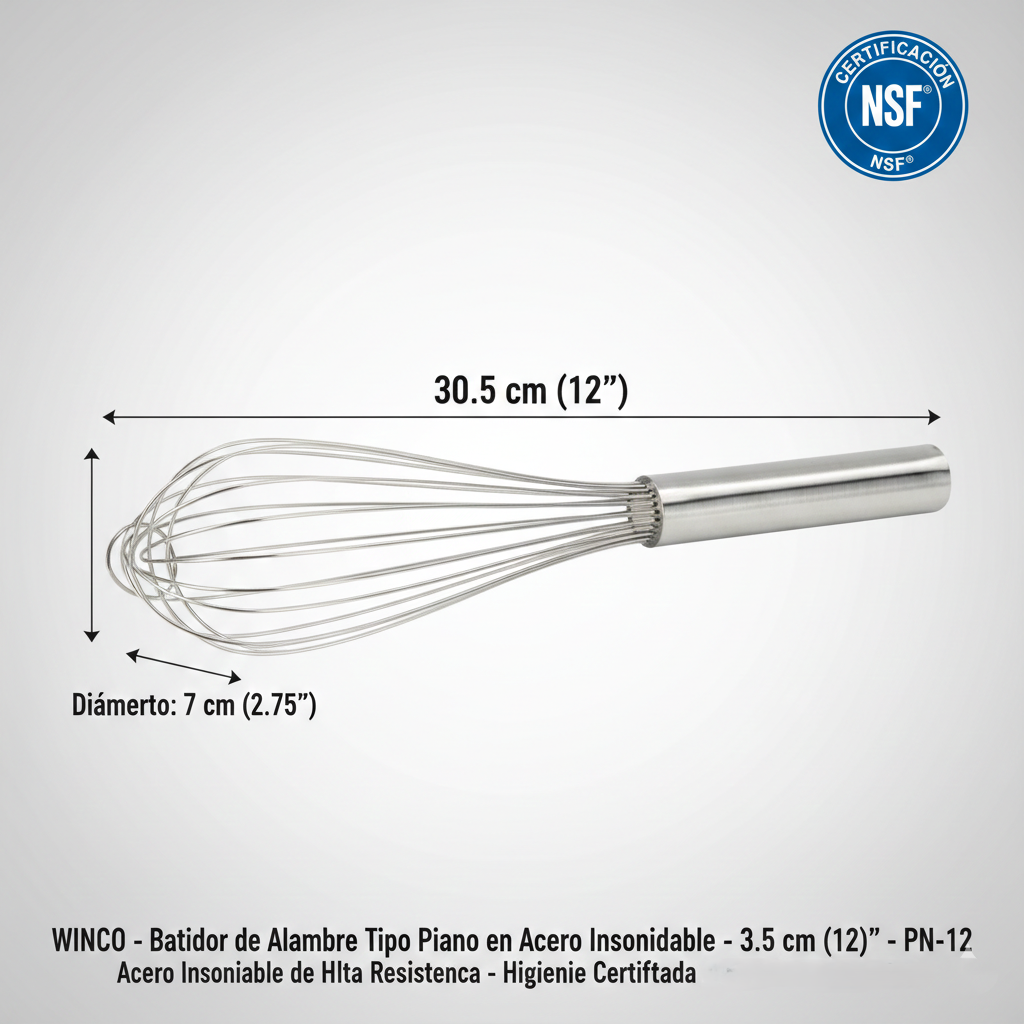 WINCO - Batidor de Alambre Tipo Piano en Acero Inoxidable - 30.5 cm (12
