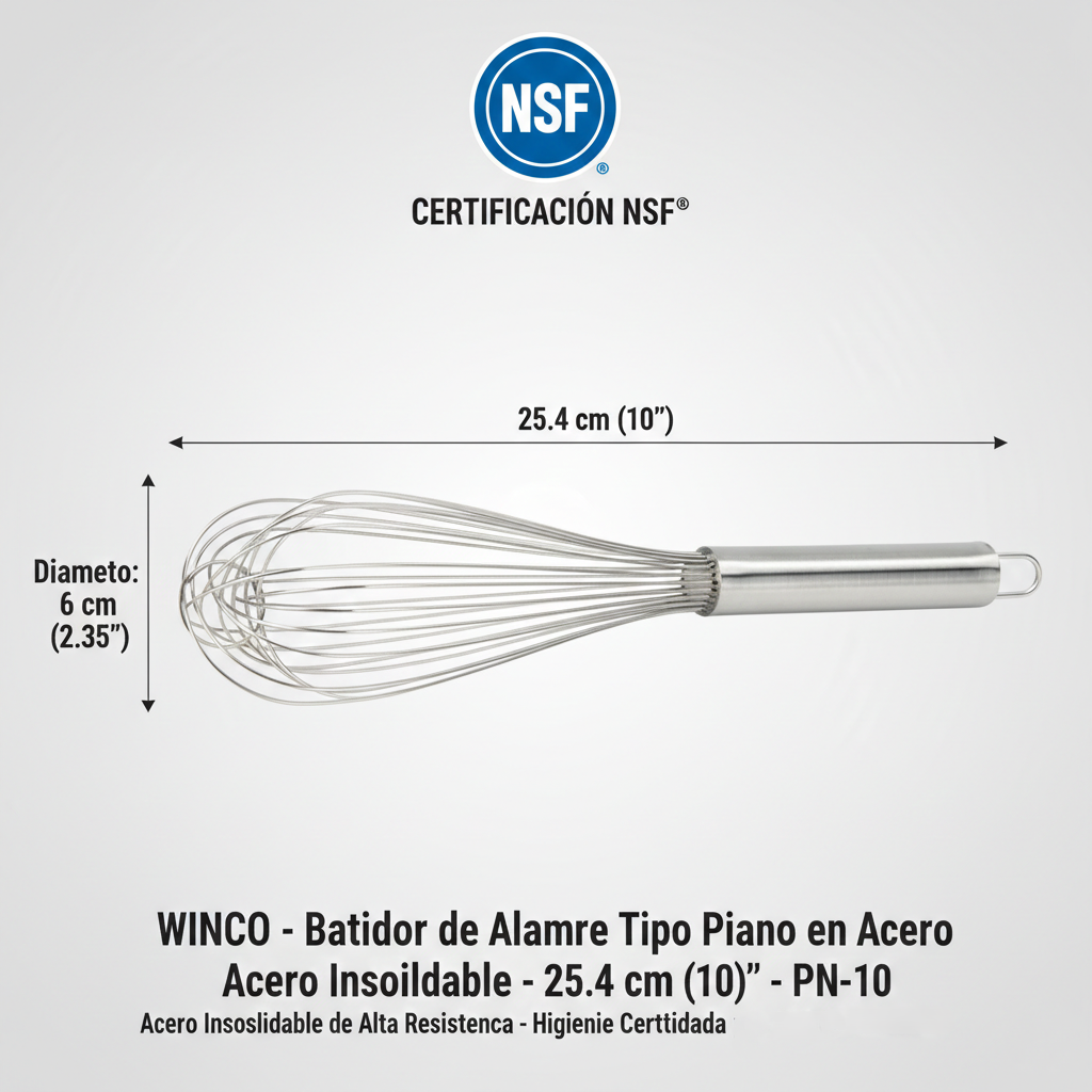 WINCO - Batidor de Alambre Tipo Piano en Acero Inoxidable - 25.4 cm (10